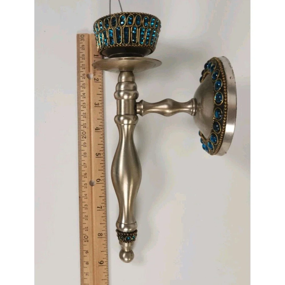 Pier 1 Brushed Pewter Jeweled Torch Style Set Wall Sconces Candle Holders 9
